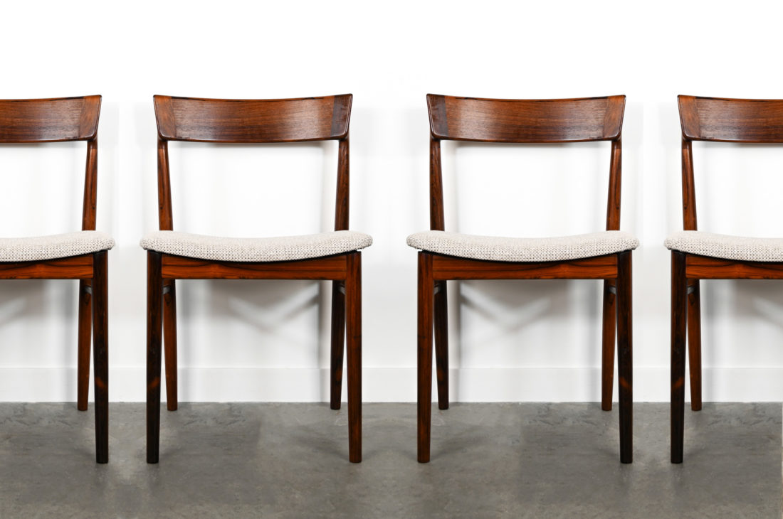 danish modern mid century vintage teck palissandre rio années 50 années 60 années 70 mobilier meuble ancien danois danemark scandinave maison nordik paris meubles décoration design éditeur designer Harry Ostergaard 6 chaises de table en palissandre de Rio assises re-tapissées chaise assise chaise table à manger