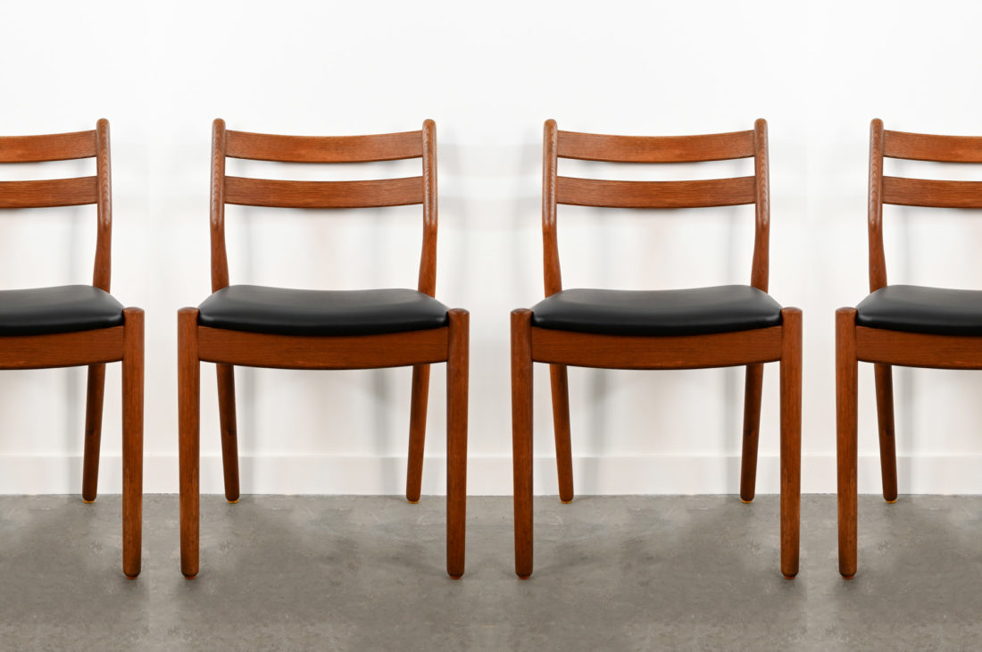 danish modern mid century vintage teck palissandre rio années 50 années 60 années 70 mobilier meuble ancien danois danemark scandinave maison nordik paris meubles décoration design éditeur designer 5 chaises de table en chêne assises re-tapissées chaise assise chaise table à manger