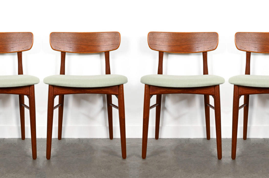 danish modern mid century vintage teck palissandre rio années 50 années 60 années 70 mobilier meuble ancien danois danemark scandinave maison nordik paris meubles décoration design éditeur designer Johannes Andersen 6 chaises de table en teck assises re-tapissées chaise assise chaise table à manger