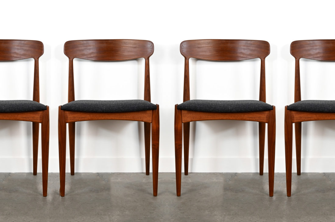 danish modern mid century vintage teck palissandre rio années 50 années 60 années 70 mobilier meuble ancien danois danemark scandinave maison nordik paris meubles décoration design éditeur designer Johannes Andersen 6 chaises de table en teck assises re-tapissées chaise assise chaise table à manger