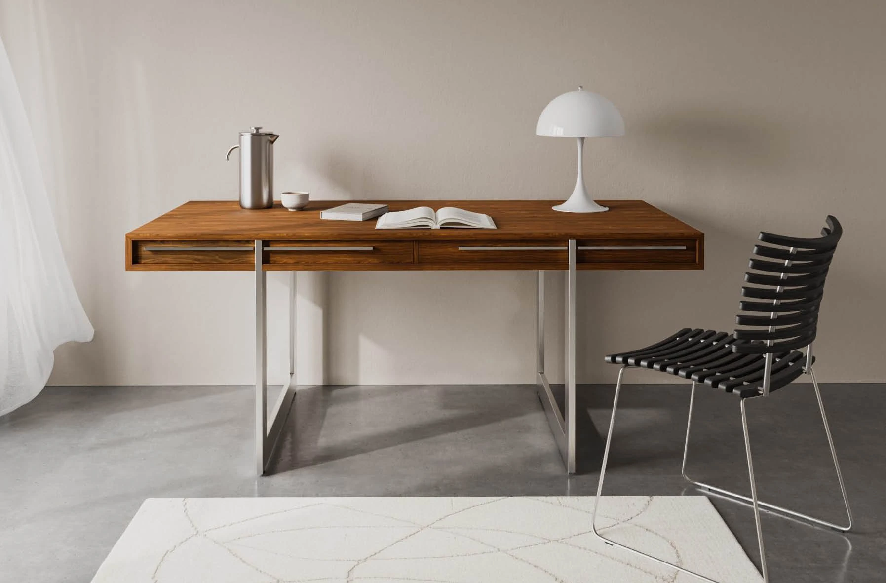 danish modern mid century vintage mobilier en teck palissandre Rio années 50 années 60 années 70 mobilier meuble ancien danois Danemark scandinave maison nordik paris meubles décoration design nordique éditeur marque Naver designers Nissen & Gehl MDD bureau modèle ak 1340 en chêne ou en noyer avec des pieds en acier bureau avec passe câbles table de travail bureau élégant