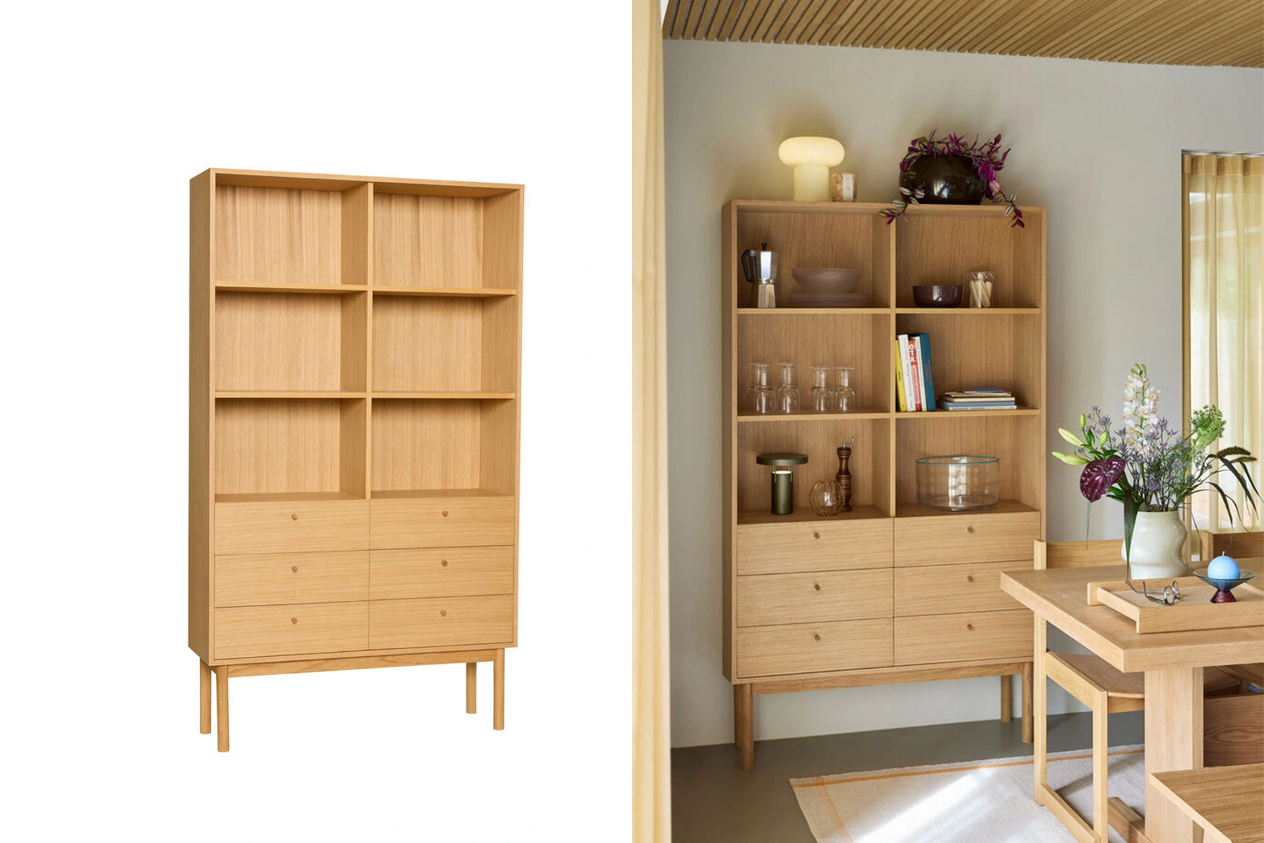 danish modern mid century vintage mobilier en teck palissandre Rio années 50 années 60 années 70 mobilier meuble ancien danois Danemark scandinave maison nordik paris meubles décoration design nordique éditeur designer marque Hubsch bibliothèque en chêne meuble de rangement modèle read commode naturel