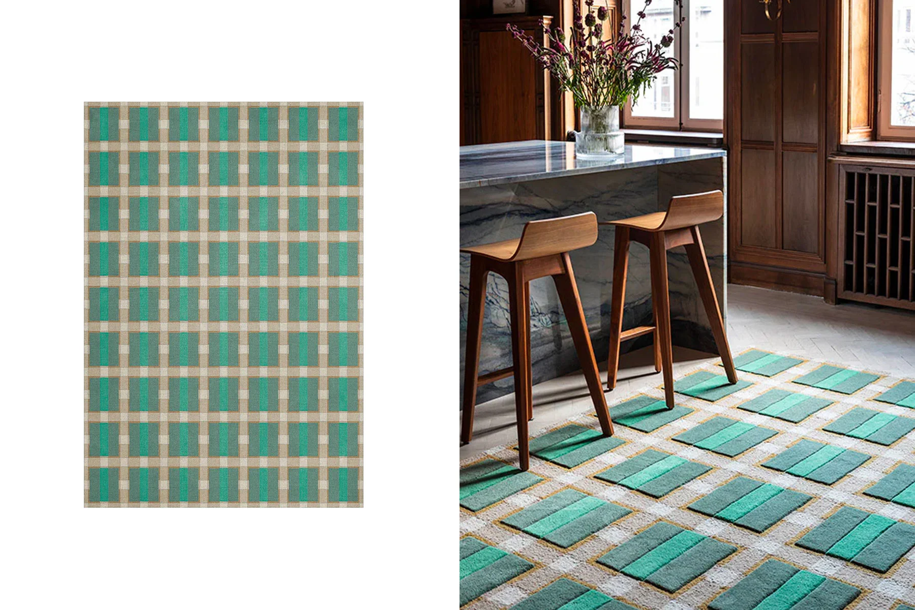 danish modern vintage teck palissandre rio années 50 années 60 années 70 mobilier meuble ancien danois Danemark scandinave maison nordik Paris meubles décoration design designer Evelina Kroon éditeur marque Layered tapis en laine couleur Fem Garden