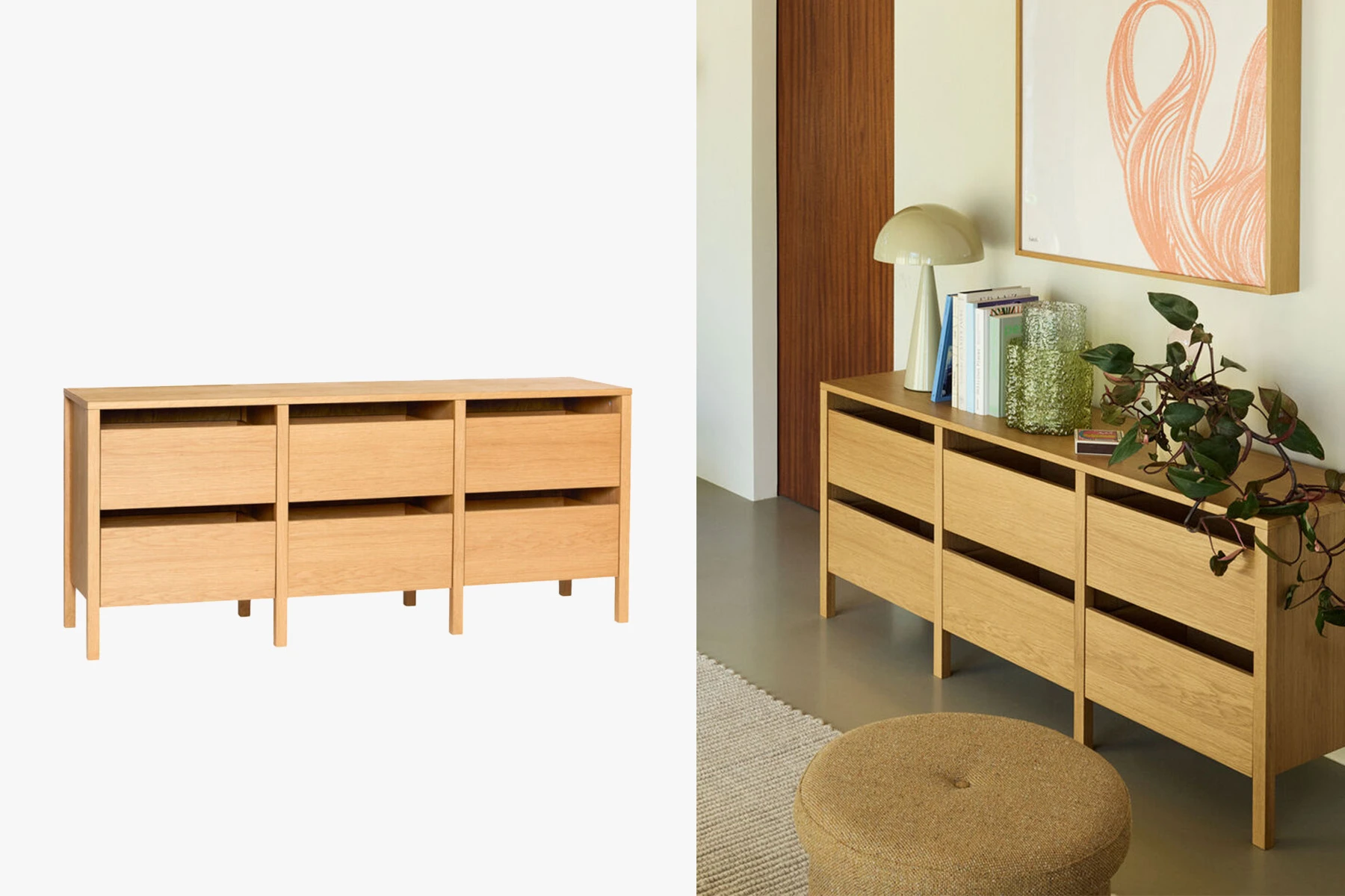 danish modern vintage teck palissandre Rio années 50 années 60 années 70 mobilier meuble ancien danois Danemark scandinave maison nordik Paris meubles décoration design éditeur marque Hubsch designer meuble de rangement à tiroirs en chêne modèle 'Forma' meuble d'entrée meuble tv enfilade buffet bahut